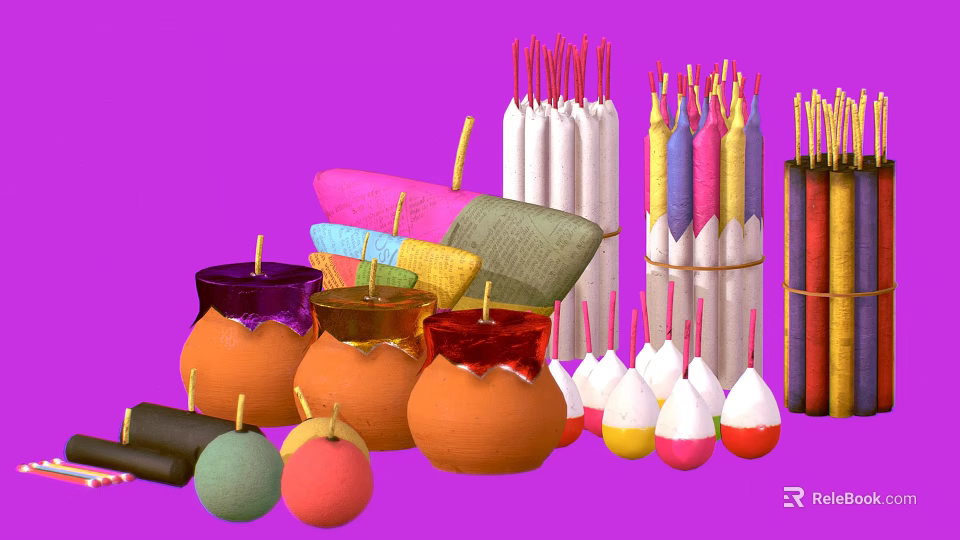 Vibrant Traditional Firecrackers Clay Jars And Decorative Wrappings On Purple Background 3d model 