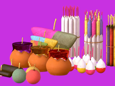 Vibrant Traditional Firecrackers Clay Jars And Decorative Wrappings On Purple Background 3d model