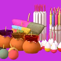 Vibrant Traditional Firecrackers Clay Jars And Decorative Wrappings On Purple Background