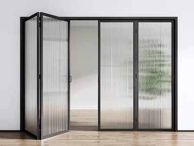 Modern Interior Open Folding Doors With Black Frame And Ribbed Glass 3d model