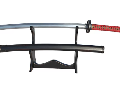Traditional Japanese Katana With Red And Gold Handle Displayed On Black Stand 3d model