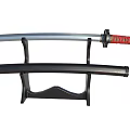 Traditional Japanese Katana With Red And Gold Handle Displayed On Black Stand