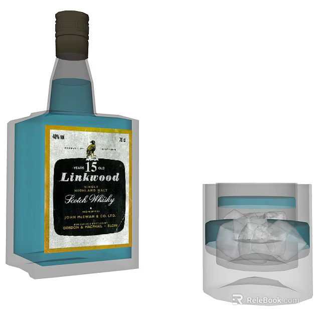 Stylish Decorative Ornament Set Featuring Whisky Bottle and Glass with Ice Cubes 3d model 