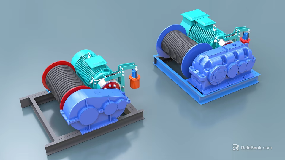 Industrial Winches With Blue Green Electric Motors And Cable Drums For Lifting 3d model 