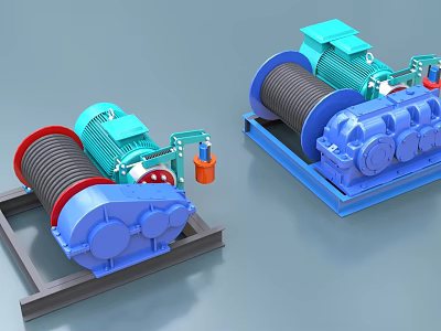 Industrial Winches With Blue Green Electric Motors And Cable Drums For Lifting 3d model
