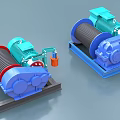 Industrial Winches With Blue Green Electric Motors And Cable Drums For Lifting
