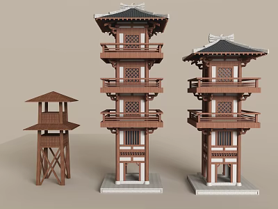 Traditional Chinese Wooden Towers With Multi Layer Structure Curved Eaves And Different Heights 3d model
