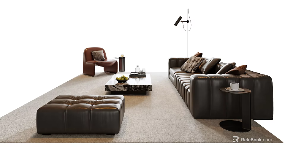 Cozy Black Leather Sofa And Marble Coffee Table With Accent Chair Ottoman And Floor Lamp 3d model 