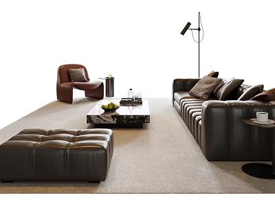 Cozy Black Leather Sofa And Marble Coffee Table With Accent Chair Ottoman And Floor Lamp 3d model