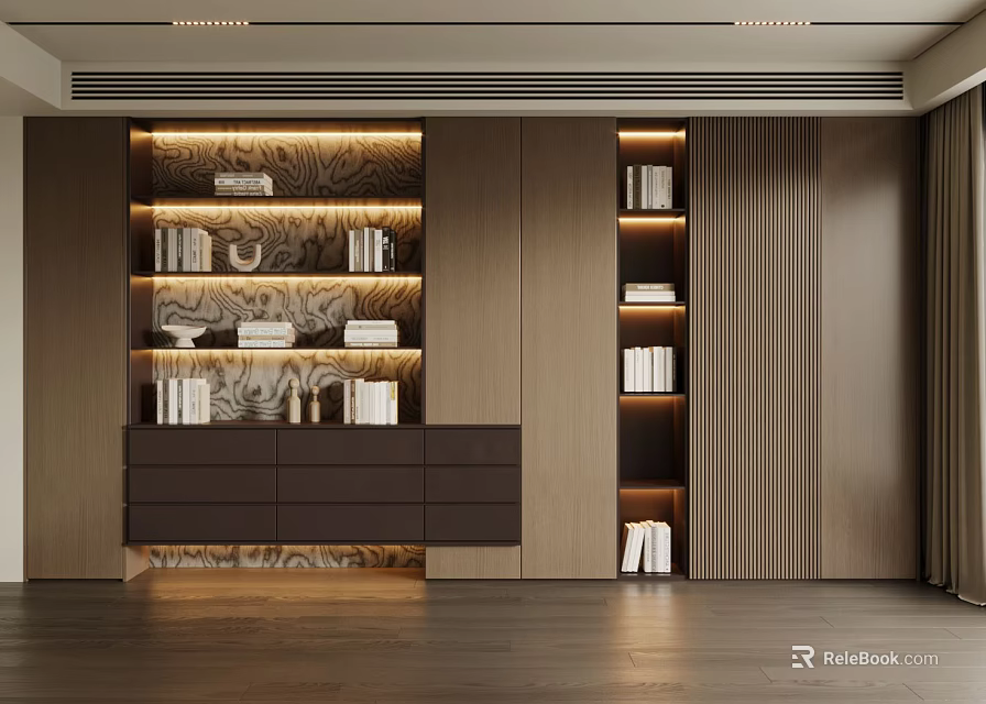 Modern Bookcase Interior Design With Wooden Shelves Books Decorative Items And Lighting 3d model 