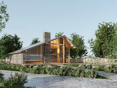 Single Family House Exterior Architecture With Stone Wood Structure Chimney Glass Windows And Garden 3d model