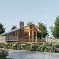 Single Family House Exterior Architecture With Stone Wood Structure Chimney Glass Windows And Garden