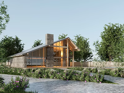 Single Family House Exterior Architecture With Stone Wood Structure Chimney Glass Windows And Garden 3d model