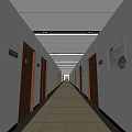 Modern Office Corridor With Brown Doors Signage Notice Light Colored Tile Floor And Ceiling Lights