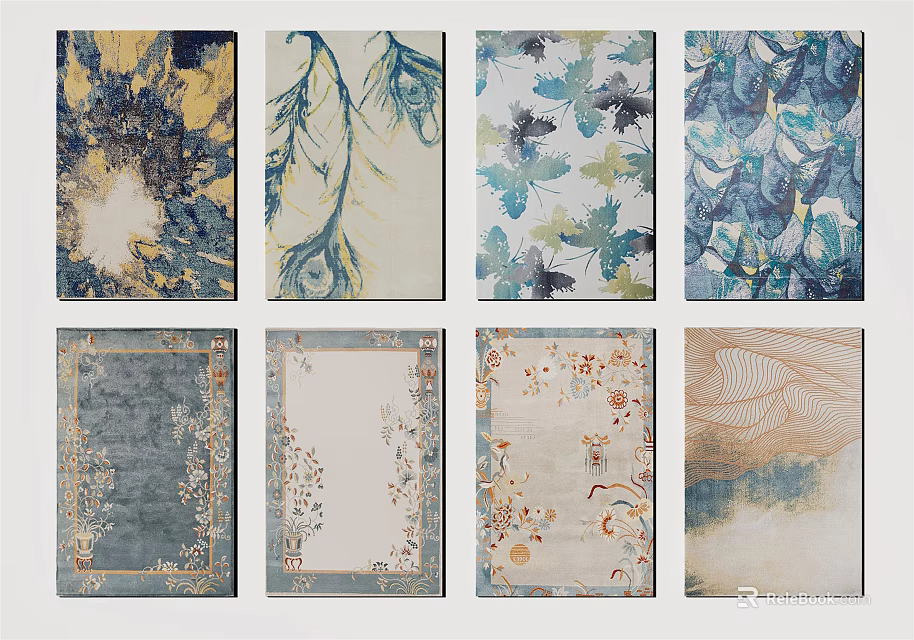 Assorted Square Rugs Featuring Floral Leaf And Geometric Patterns In Blue Yellow Tones 3d model