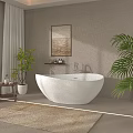 Elegant Bathroom Interior With White Freestanding Bathtub Beige Walls Framed Artwork Towel Ladder And Plant