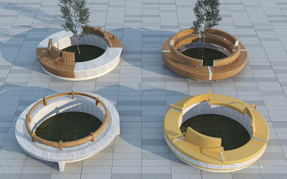 Modern Circular Outdoor Tree Planters With Surrounding Seats And Mixed Materials Design 3d model 