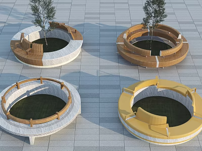 Modern Circular Outdoor Tree Planters With Surrounding Seats And Mixed Materials Design 3d model