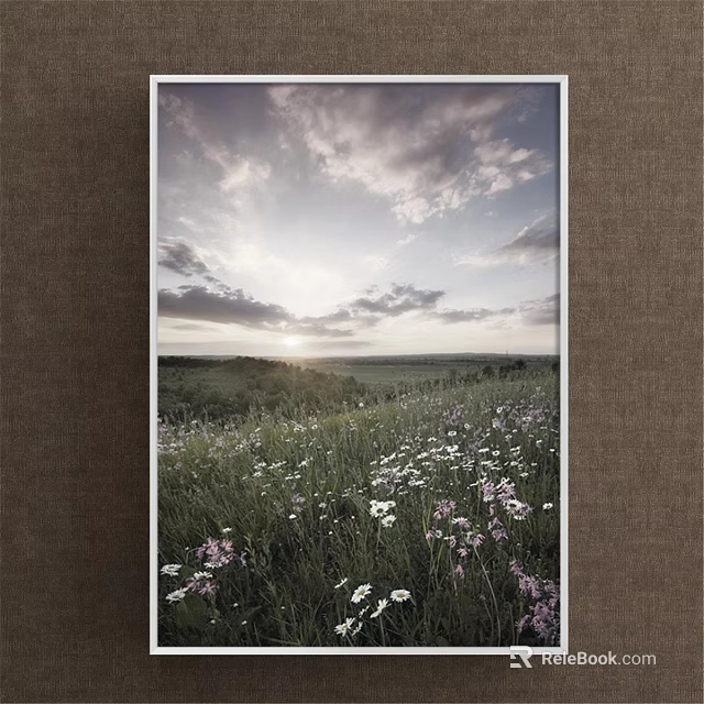 Scenic Landscape Painting of Meadow with White and Pink Flowers Distant Hills and Sunset Sky 3d model 