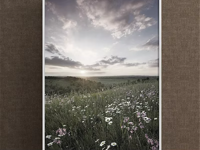 Scenic Landscape Painting of Meadow with White and Pink Flowers Distant Hills and Sunset Sky 3d model