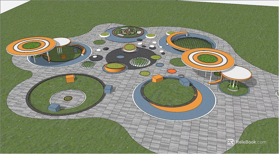 Plaza Landscape Design With Circular Lawn Areas Paved Ground And Seating Elements 3d model