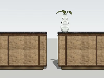 Elegant Reception Desk Featuring Wooden Cabinetry Black Stone Countertop And White Vase With Green Plant 3d model