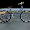 Blue Bicycle With Brown Seat Training Wheels And Yellow Handlebar Accents