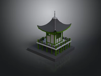 Traditional Asian Pavilion Architecture With Black Roof Green Pillars And White Railings 3d model