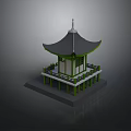 Traditional Asian Pavilion Architecture With Black Roof Green Pillars And White Railings