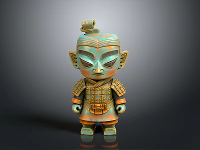 Ancient Style Warrior Sculpture With Turquoise Orange Color Detailed Armor And Headdress 3d model