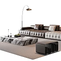 Modern Leather Sofa And Marble Coffee Table Set With Floor Lamp Ottoman And Striped Rug