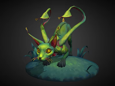 Fantasy Green Game and Movie Character With Glowing Eyes Long Ears on Grass Platform 3d model