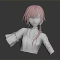 Woman With Pink Long Hair In White Lace Collar Outfit And Ruffled Cuffs Upper Body Model