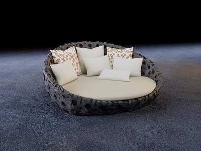 Round Bed With Light Colored Pillows And Textured Design In Cozy Bedroom 3d model
