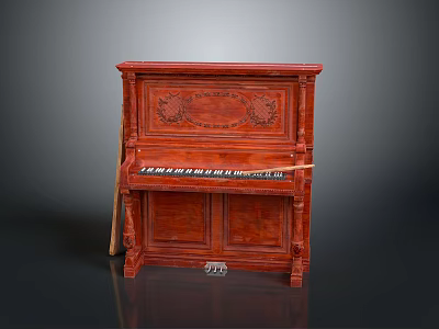 Antique Red Wooden Piano With Carved Patterns Black Keys And Vintage Design 3d model