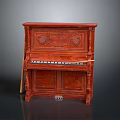 Antique Red Wooden Piano With Carved Patterns Black Keys And Vintage Design