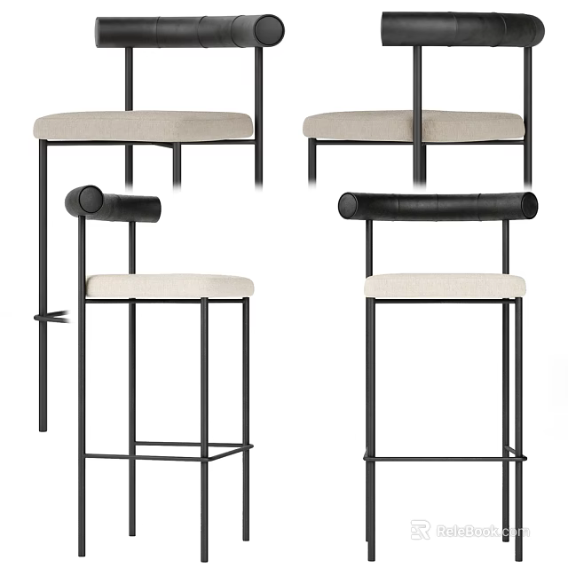 Modern Bar Stools With Black Metal Frame White Upholstered Seat And Curved Backrest 3d model 