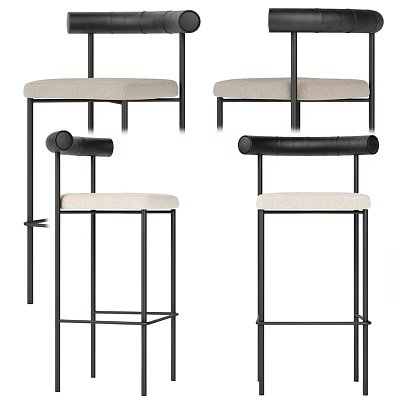 Modern Bar Stools With Black Metal Frame White Upholstered Seat And Curved Backrest 3d model