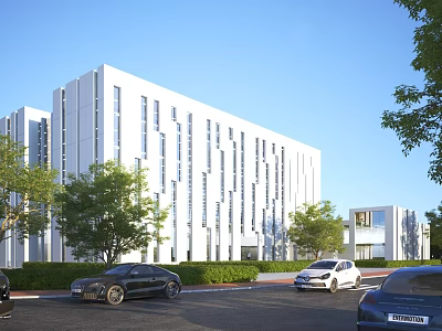 Modern White Office Building Exterior Design With Trees Greenery And Parking Cars 3d model