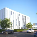 Modern White Office Building Exterior Design With Trees Greenery And Parking Cars