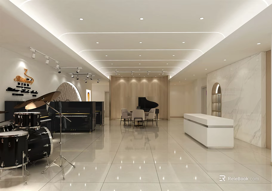 Music Instrument Store Featuring Pianos Drums Display Counter Modern Decor Spacious Interior 3d model 