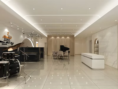 Music Instrument Store Featuring Pianos Drums Display Counter Modern Decor Spacious Interior 3d model