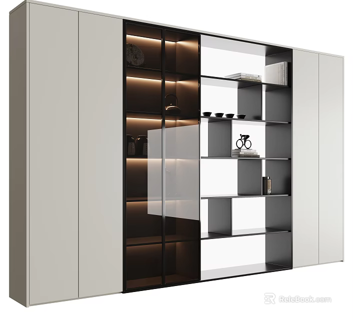 Modern Wine Cabinet With Glass Doors LED Lighting And Wooden Display Shelves 3d model 