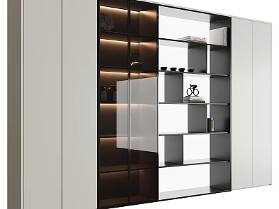 Modern Wine Cabinet With Glass Doors LED Lighting And Wooden Display Shelves 3d model