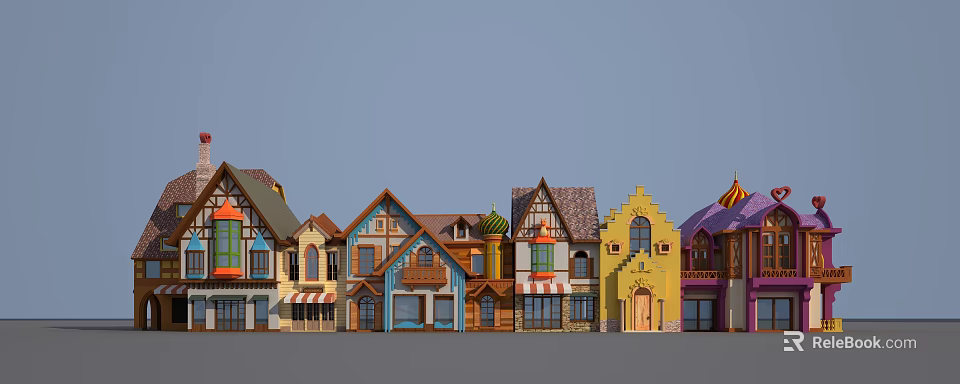 Cartoon Scene of Colorful Row Houses With Various Roof Shapes and Diverse Window Door Designs in Cheerful Style 3d model 