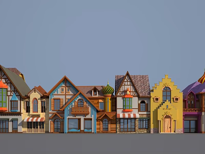 Cartoon Scene of Colorful Row Houses With Various Roof Shapes and Diverse Window Door Designs in Cheerful Style 3d model