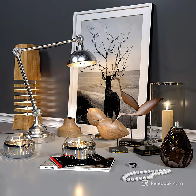Elegant Decorative Ornament Set with Table Lamp Framed Art Candle Holders and Wooden Accents 3d model 