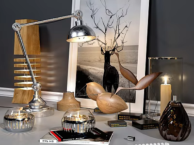 Elegant Decorative Ornament Set with Table Lamp Framed Art Candle Holders and Wooden Accents 3d model