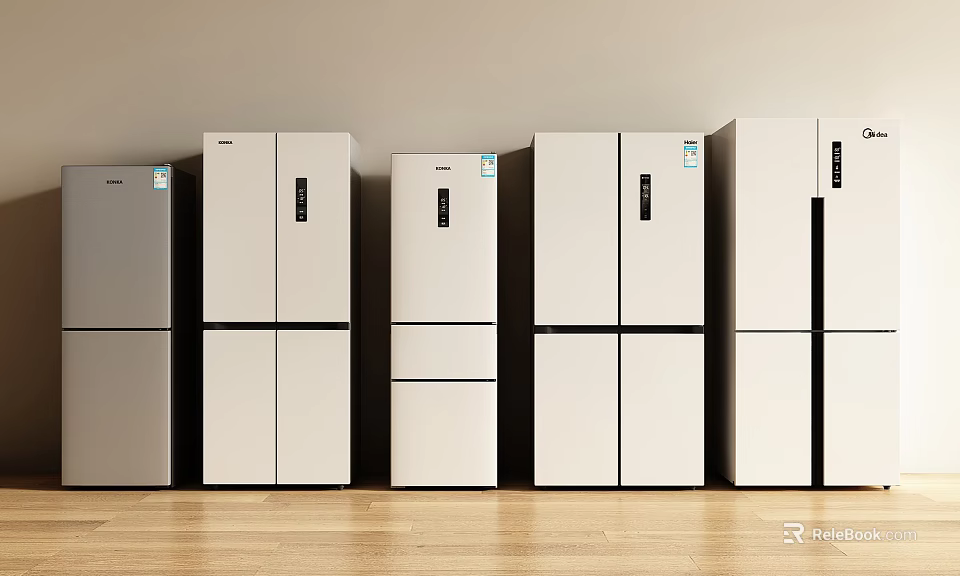 Different Styles Silver and White Refrigerators and Freezers Arranged on Wooden Floor with Light-Colored Wall 3d model 