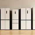 Different Styles Silver and White Refrigerators and Freezers Arranged on Wooden Floor with Light-Colored Wall